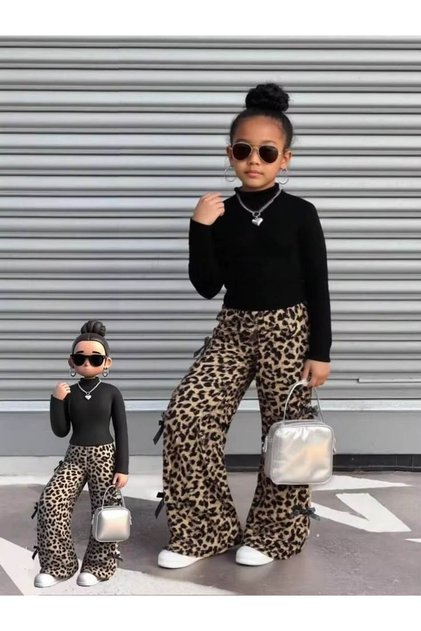 Leopard Ribbon Unprinted Wide-Legged Cotton Double Set with High Collar