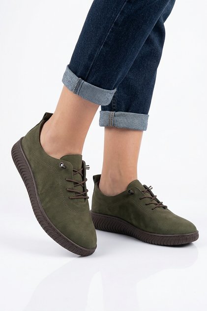 Ortes Rubber Tied Sole Stitched Genuine Leather Orthopedic Women's Shoes Khaki Nubuck