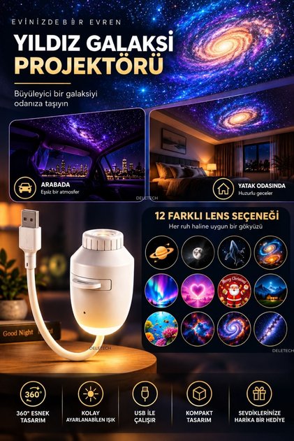 Yıldız Galaksi Projektörü 12’si 1 Arada | Tavan Yansıtmalı Uzay ve Gökyüzü Projektörü | Gece Lambası | Oda Aydınlatma | 12 Farklı Lens