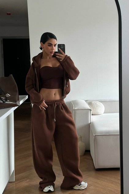Kapşonlu Straplez Croplu Oversize 3 Lü Şardonlu Eşofman Takımı