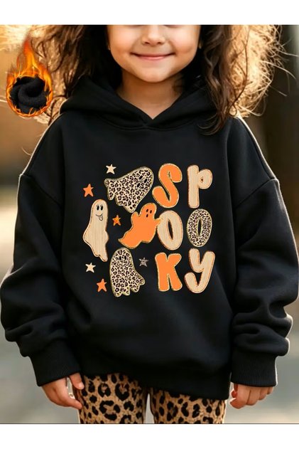 Halloween Fall/Winter Fashion for Girls - "Letter Leopard Pattern" Graphic Print Lined Hooded Sweatshirt, Loose Fit Casual Long Sleeve Hoodie