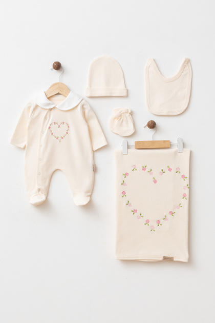 Baby Heart Flower Embroidered 100% Cotton Double Layer Knitwear Blanket Newborn Hospital Release Bodysuit Set
