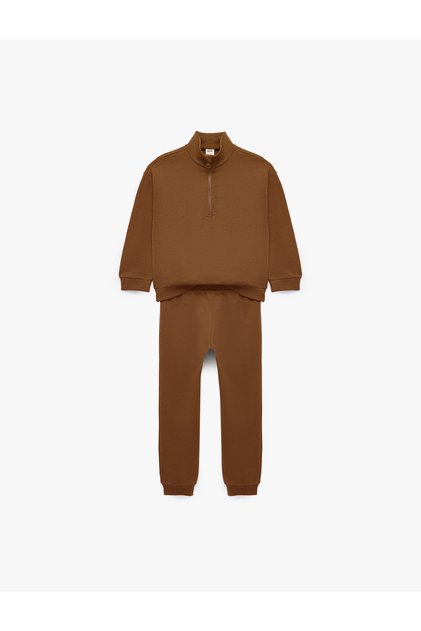 Cotton Şardonlu Long Sleeve Zippered High Collar Tracksuit Set