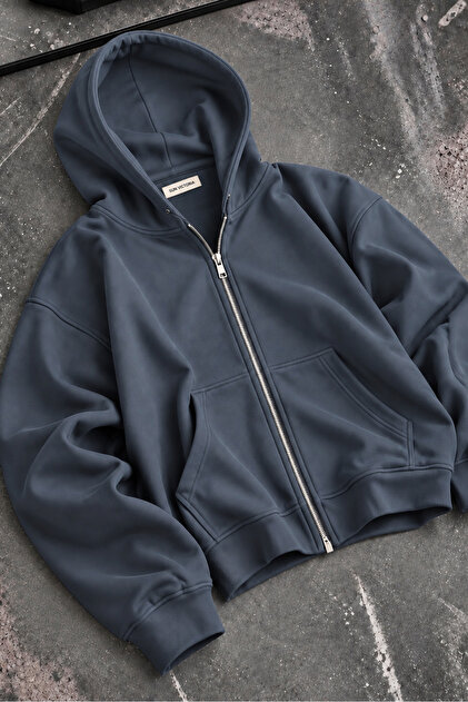 Buz Gri Modal Oys Kumaş Demir Fermuarlı Kapüşonlu Cepli Oversize Sweatshirt