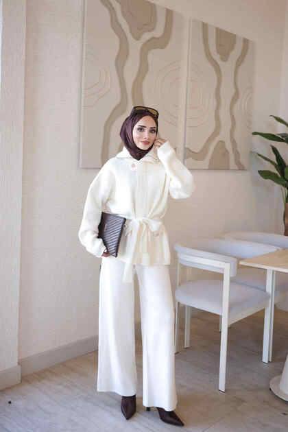 Krem Corsman Premium Cardigan and Trousers Knitwear Set