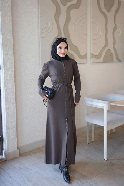 Brown Corsman Buttoned Knitwear Dress