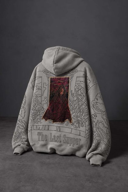 Erkek Gri Sanctum Kadife Patch Oversize Hoodie