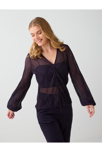 Purple Baklava Patterned V-Neck Transparent Mesh Blouse