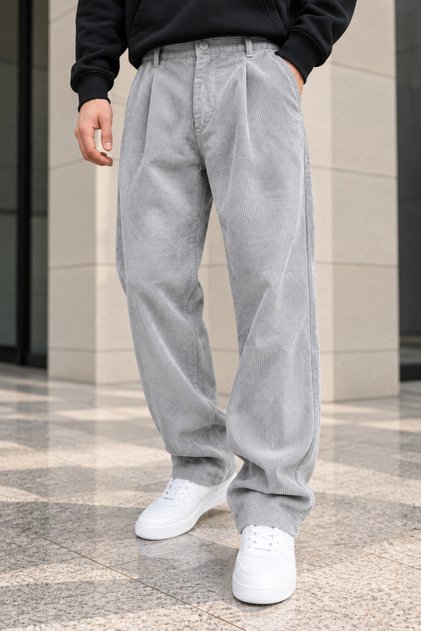 Men's Washed Corduroy Loose-Fit Trousers - Gray