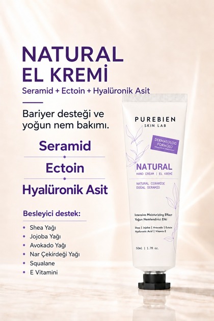 Natural El Kremi Seramid, Ectoin ve Hyalüronik Asit İçeren Yoğun Nem Bakımı 50 ml