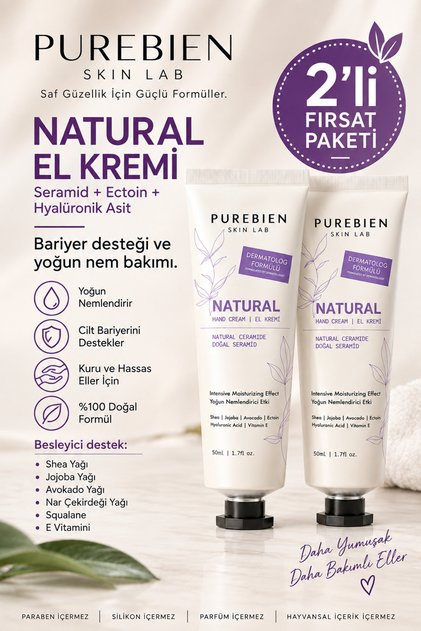 Natural El Kremi 2'li Avantaj Paketi 2 x 50 ml Seramid, Ectoin ve Hyalüronik Asit İçeren Yoğun Nem Bakımı