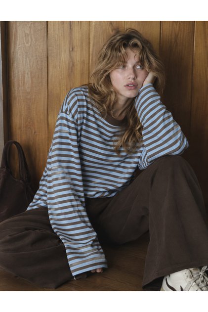 Kadın Mavi Kahve Çizgili Oversize Bisiklet Yaka Uzun Kollu Sweatshirt
