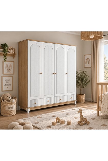 %100 MDF Bohem Ahşap Beyaz 4 Kapılı Bebek & Çocuk Gardırop