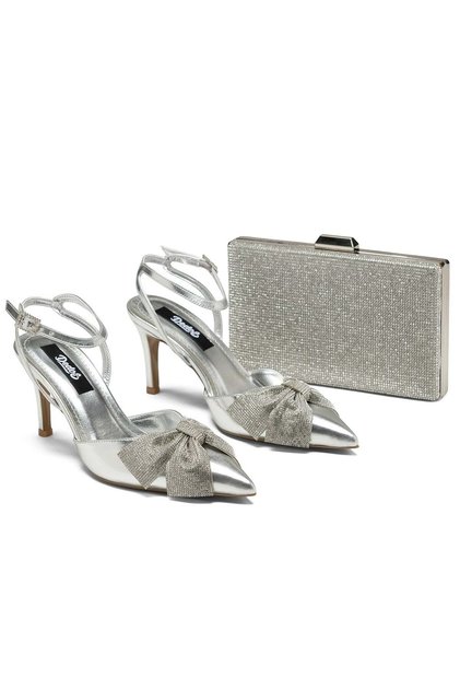 Women's Silver Stone Bow Detailed Ankle Strap Heeled Shoes and Evening Dress Bag Set