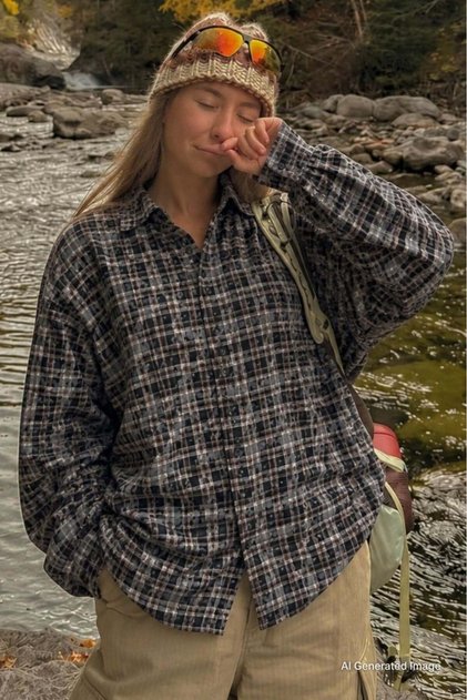Camel Plaid Pattern Oversize Women's Shirt Mg2900