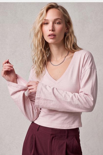 V Yaka Yarasa Kollu %97 Pamuk T-Shirt - Pembe 2