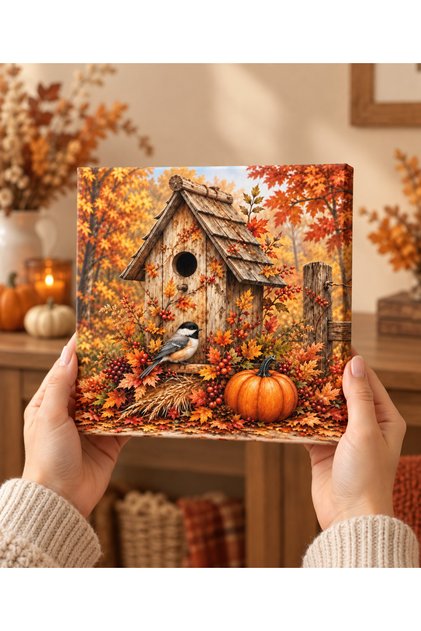 **Sonbahar Temalı Kuş Evi ve Balkabağı Dekoratif Canvas Tablo 20x20 cm – Mutfak ve Ev Duvar Dekoru**