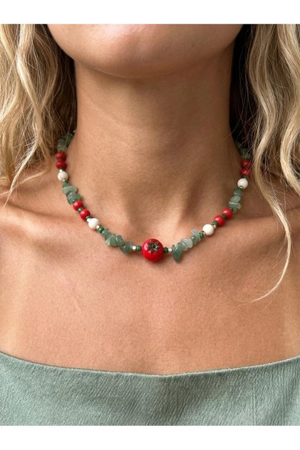 Natural Stone Tomato Pendant with Howlite and Aventurine Details