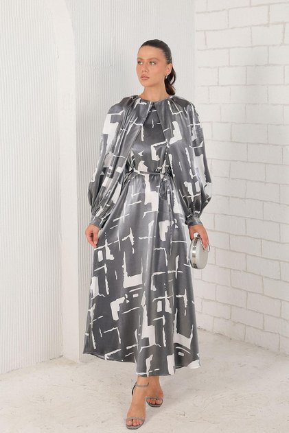 Digital Printed Satin Stylish Dress Black