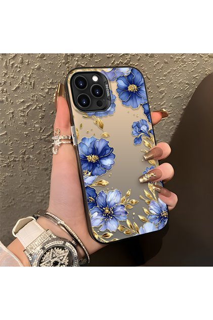 iPhone 13 Pro Max Compatible Elegant Floral Case, Blue Flower Golden Branch Creative Flat Print