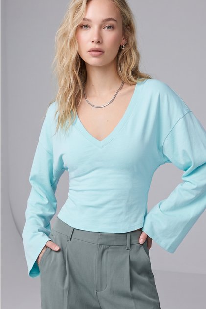 V Yaka Yarasa Kollu %97 Pamuk T-Shirt - Turkuaz 2