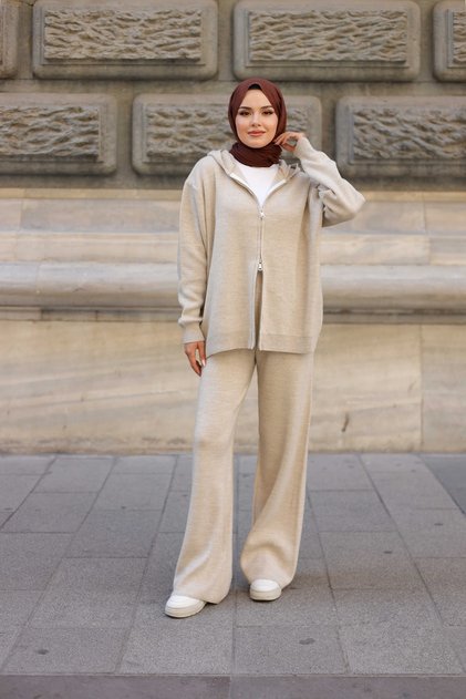 Women's Hijab Double Zippered Top and Bottom Knitwear Set, Hooded Comfortable Casual Combination - Standard Size (Fits 36-44)