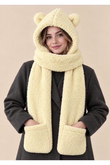 Women's Imported Teddy Plush Scarf with Ears, Hood, Pockets, and Winter Neck Warmer