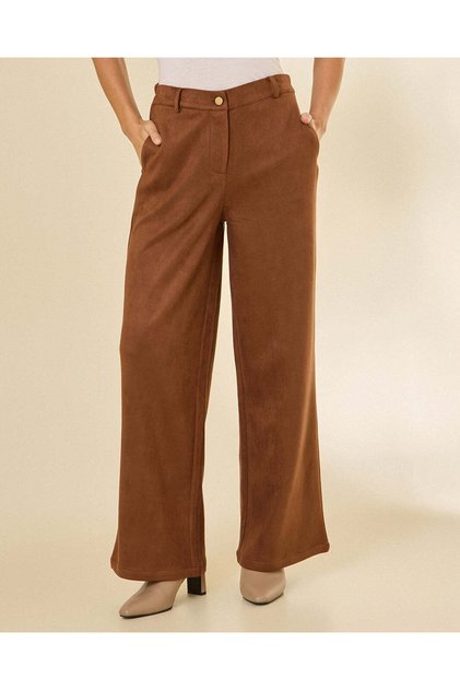 Women Brown Plain Suede Trousers