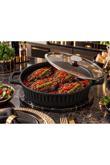 Biogranit Ağır Döküm 26x7,5 Cm - 3,40 Litre Basık Tencere ( 3634 - Siyah )