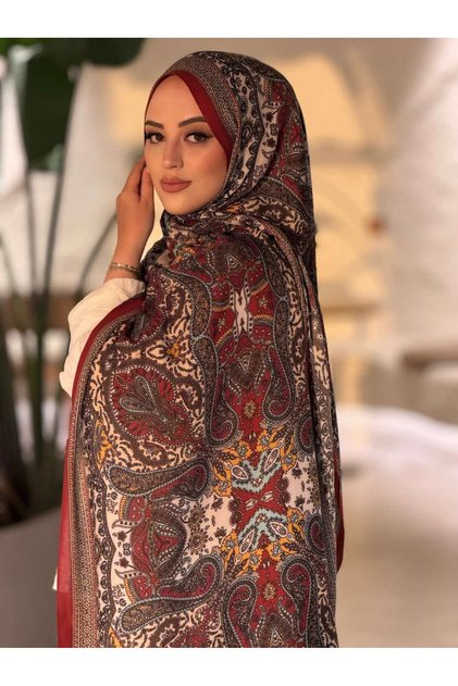 Etnik Desenli Pamuklu Şal - Kırmızı
