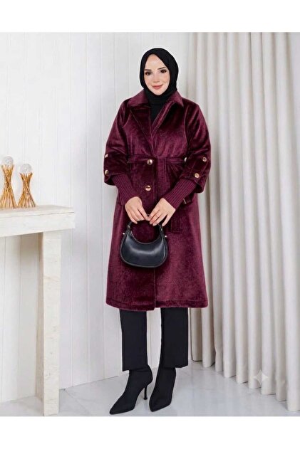 Fox Fabric Button Detail Double-Breasted Collar Soft Textured Women's Long Tunic Coat