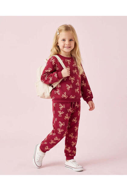 Girls Burgundy Bow All Over Print Jogging Set