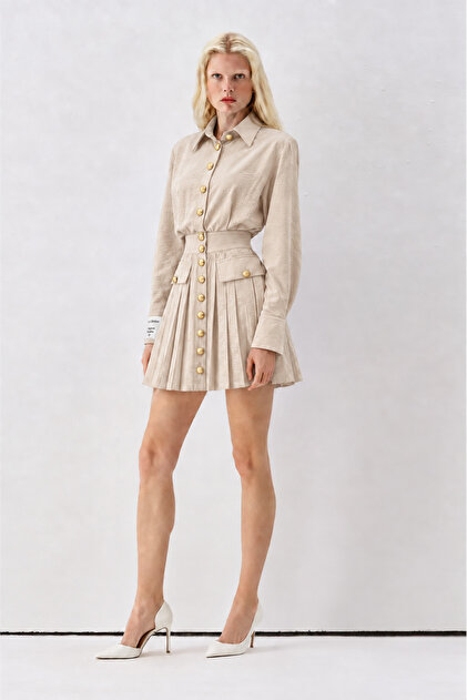 Ss6205 Buttoned Pleated Dress