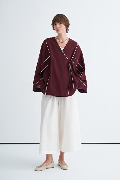 Kadın Kontrast Kimono Pantolon Takım Bordo