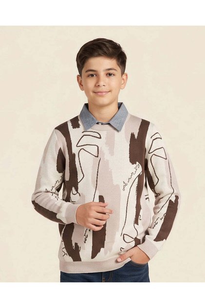 Senior Boys Beige Graphic Mock Collar Pullover