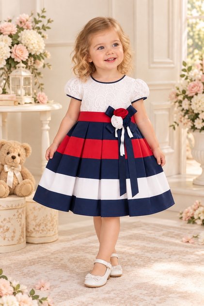 Girls' Lace Roba with Detachable Flower Brooch, Striped Flared Skirt with Bow Belt on the Back, Dress for 2-6 Years Birthday, Special Occasion