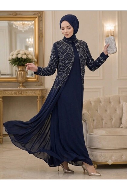 AFRANUR KADIN BÜYÜK BEDEN TAŞ İŞLEMELİ İKİLİ ABAYA/ABİYE ELBİSE
