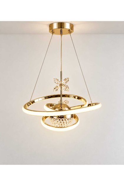 Dünya Modern LED Avize Gold Kristal Detaylı Halkalı Sarkıt – Salon, Oturma Odası ve Yemek Masası Üstü