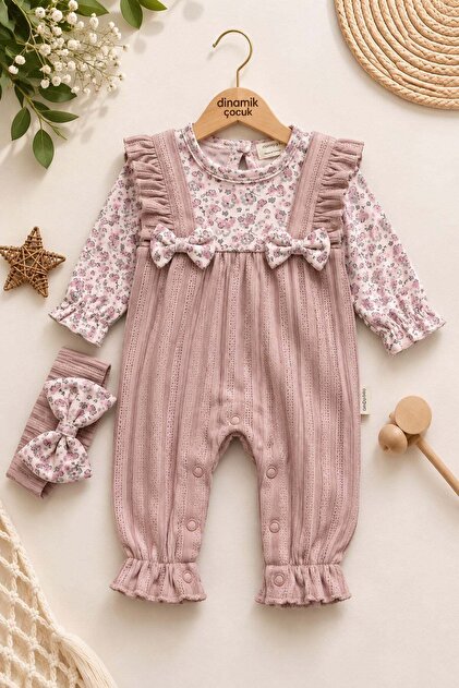 Kız Bebek Çiçekli Fırfırlı Salopet Görünümlü Tek Parça Tulum + Bandanalı Fiyonklu 0-12 aylık