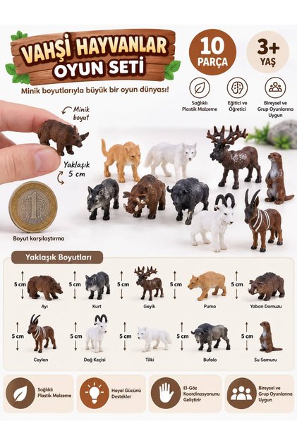10’lu Mini Vahşi Hayvan Figürleri Oyun Seti – Yaklaşık 5 cm Eğitici Oyuncak Hayvanlar 3+ Yaş