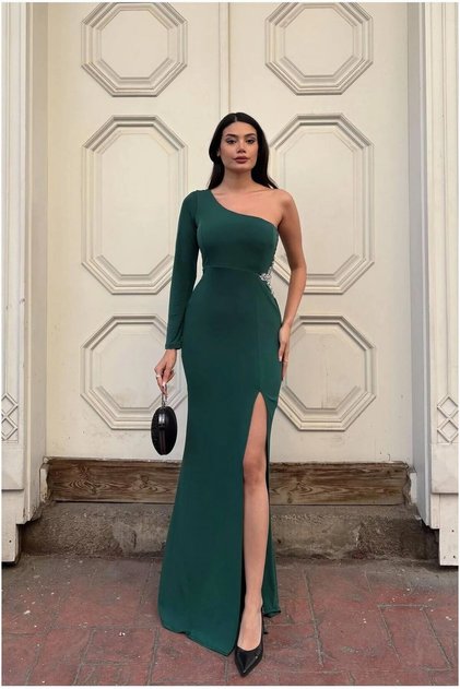 Glittery Asymmetrical Single Fabric Dress with Draped Collar and Sleeves