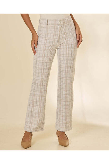 Women Grey Textured Tweed Wide Leg Trousers