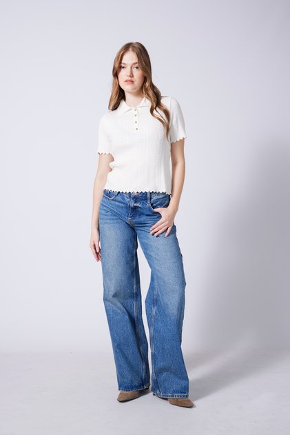 Polo Collar Button Detail Tricot Blouse Ecru