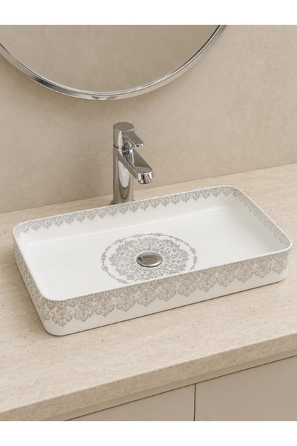 Beyaz Gold Desenli Tezgah Üstü Seramik Çanak Lavabo 60x35x11 cm
