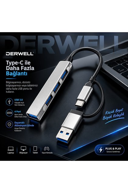Yeni 2026 Çift Girişli USB Hub Çoklayıcı 4 Portlu Type-C ve USB A 3.0 Dönüştürücü Adaptör Laptop PC Telefon Tablet Uyumlu Tak Çalıştır Klavye Mouse Harddisk Kart Okuyucu Yazıcı Bağlantı Aparatı Gri