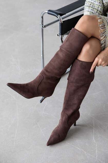 Velin Women's Over-The-Knee Foldable Detail Suede Boots Brown