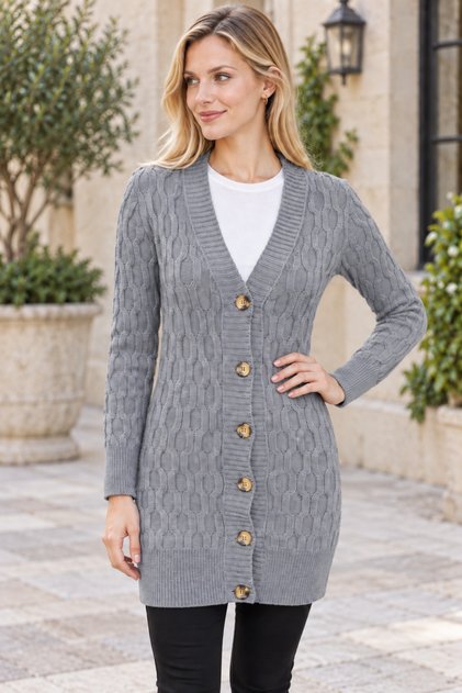 Women's Long Sleeve V-Neck Buttoned Chain Knit Pattern Embossed Soft Fashion Casual Gray Long Knitwear Cardigan