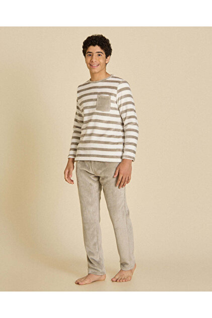 Senior Boys Grey Striped Coral Fleece Night Suit