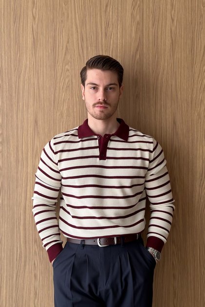 Kami Çift Renk Çizgili Düğmeli Polo Yaka Regular Fit Erkek Triko Kazak
