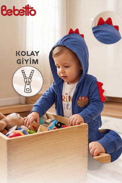 Two-Strap Hooded Cardigan 3-Piece Set (Dino/26) Indigo